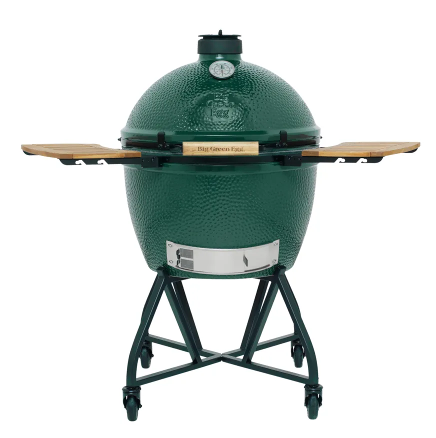 Big Green Egg XL sobre soporte con ruedas y mesas laterales